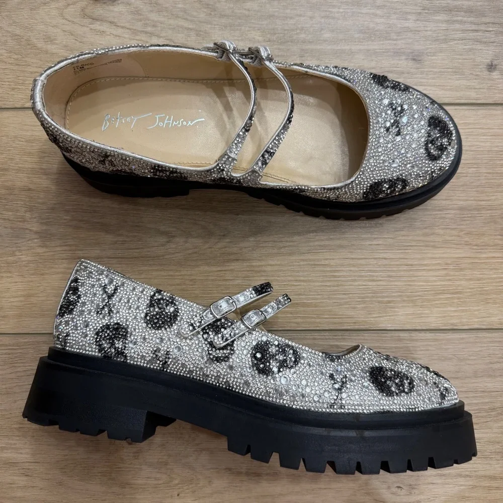 Betsey Johnson Rico Skull Rhinestone Platform Mary Jane Shoes Silver Goth Bling